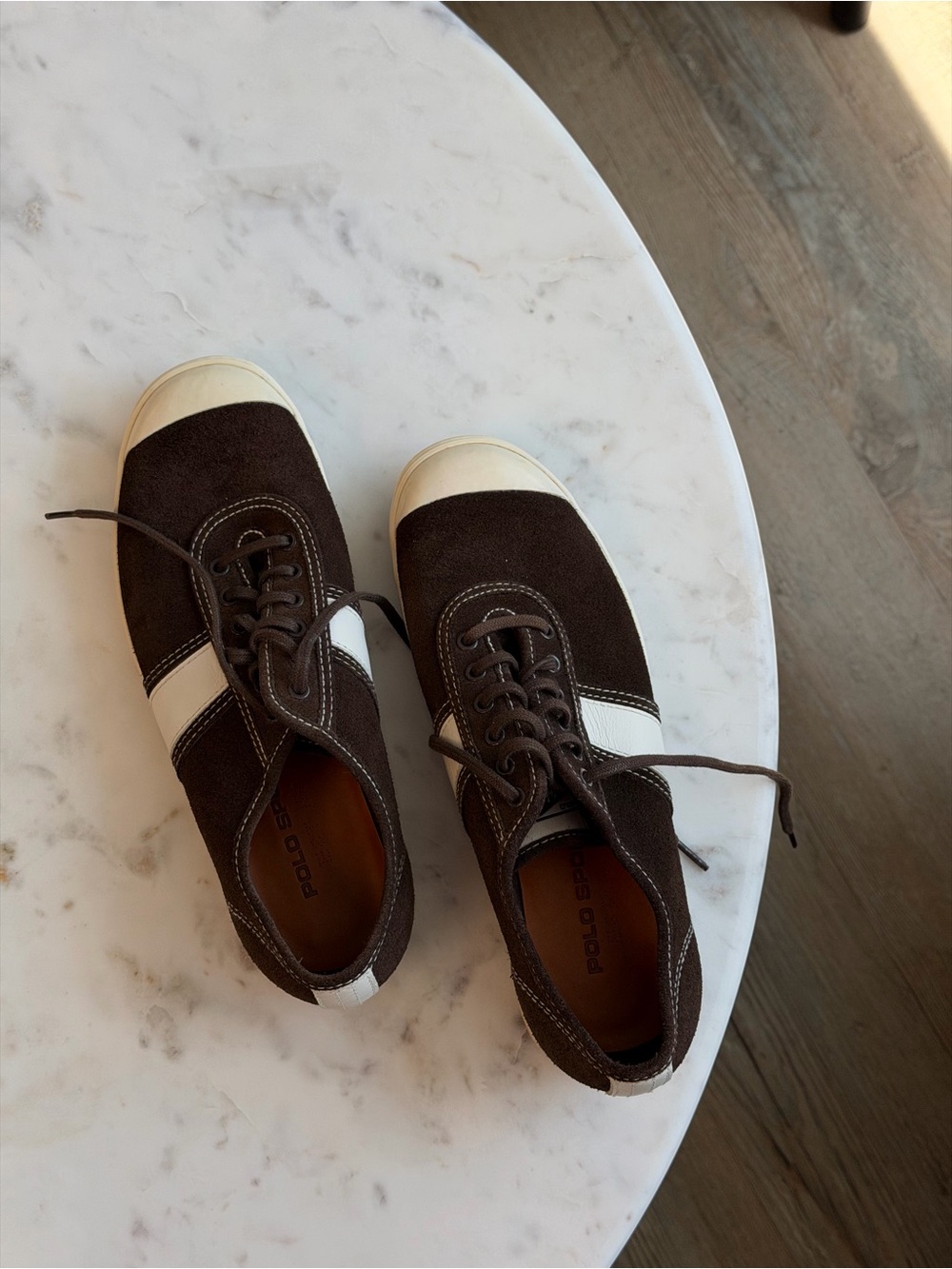 Polo Ralph Lauren Sport Brown Suede Sneakers with White Stripe | Vintage